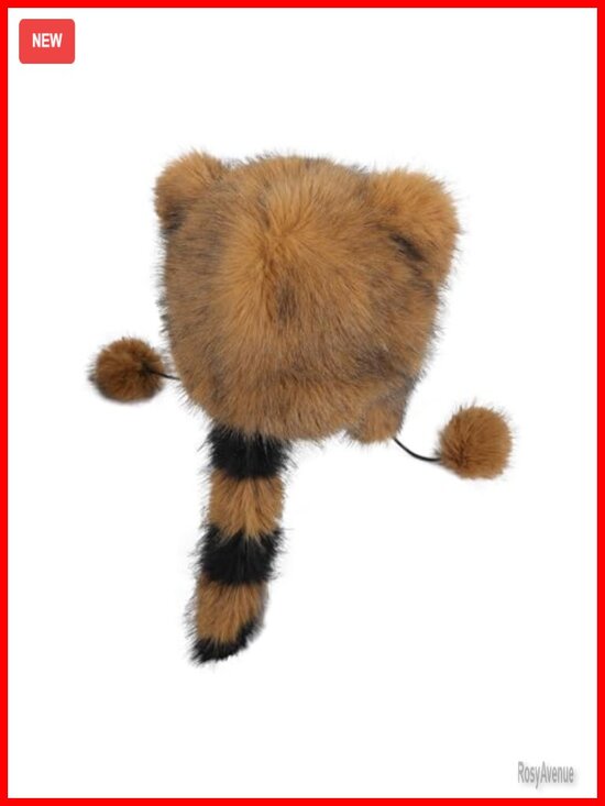 Faux Fur Raccoon Tail Animal Hat Winter Earflap Trapper Beanie for Women main image 4